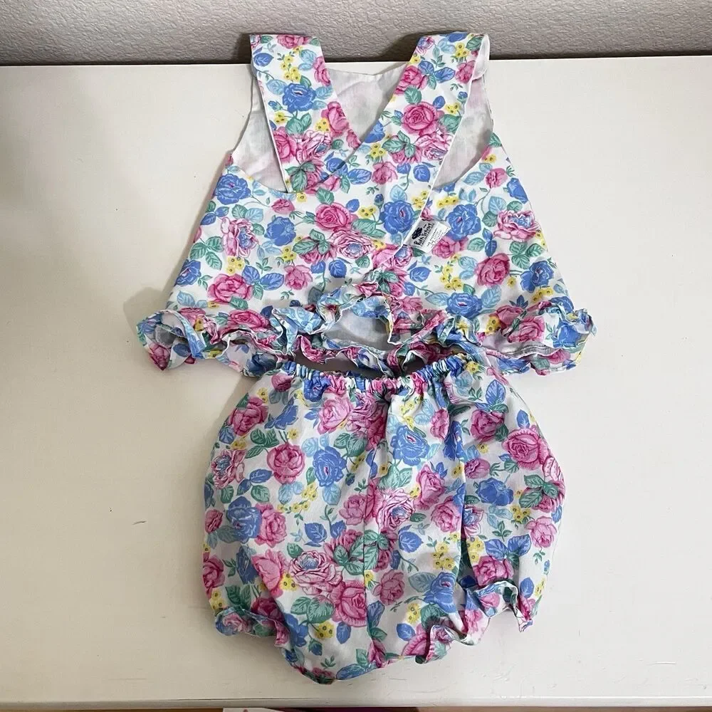 Vintage Ruth Scharf Floral Roses Dress and Bloomers 2-Pc Set Girls SZ 24 Months